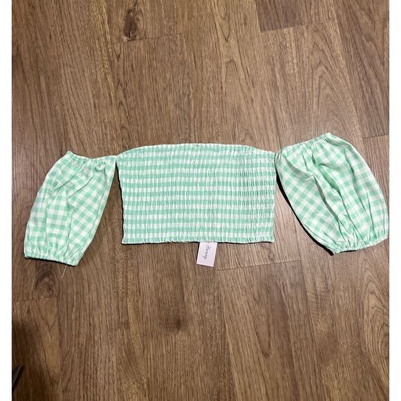 Love + Harmony Green Gingham Print Smocked Crop Top - Picture 1 of 4